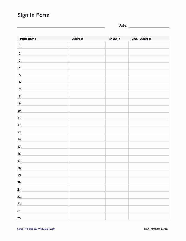 Printable Sign In Sheets Template Unique Free Printable Sign In form Pdf From Vertex42
