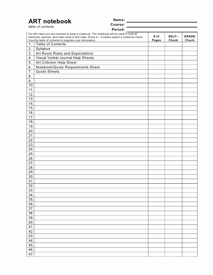 Printable Table Of Contents Template Best Of Notebook Table Of Contents Aug09