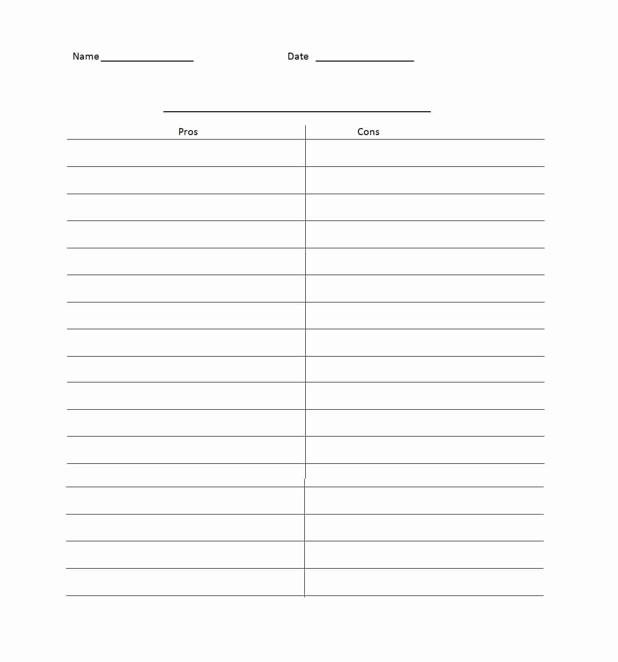 Pro and Con List Template Lovely 27 Printable Pros and Cons Lists Charts Templates