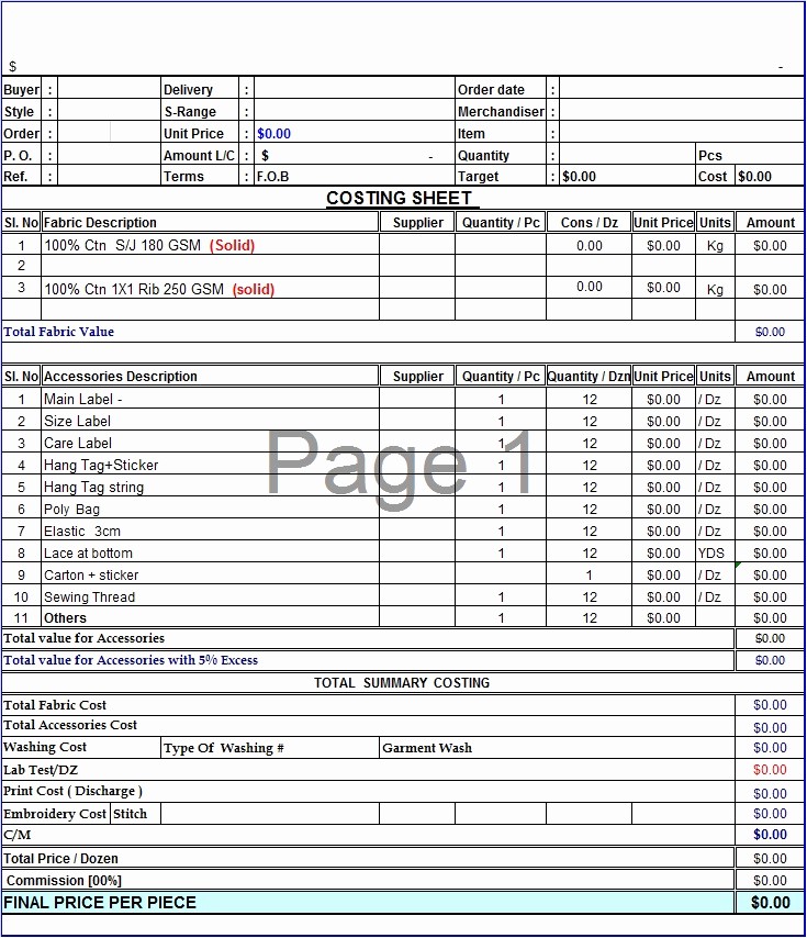 Product Costing Template Excel Free Elegant Techtunes Costing format Of Garments