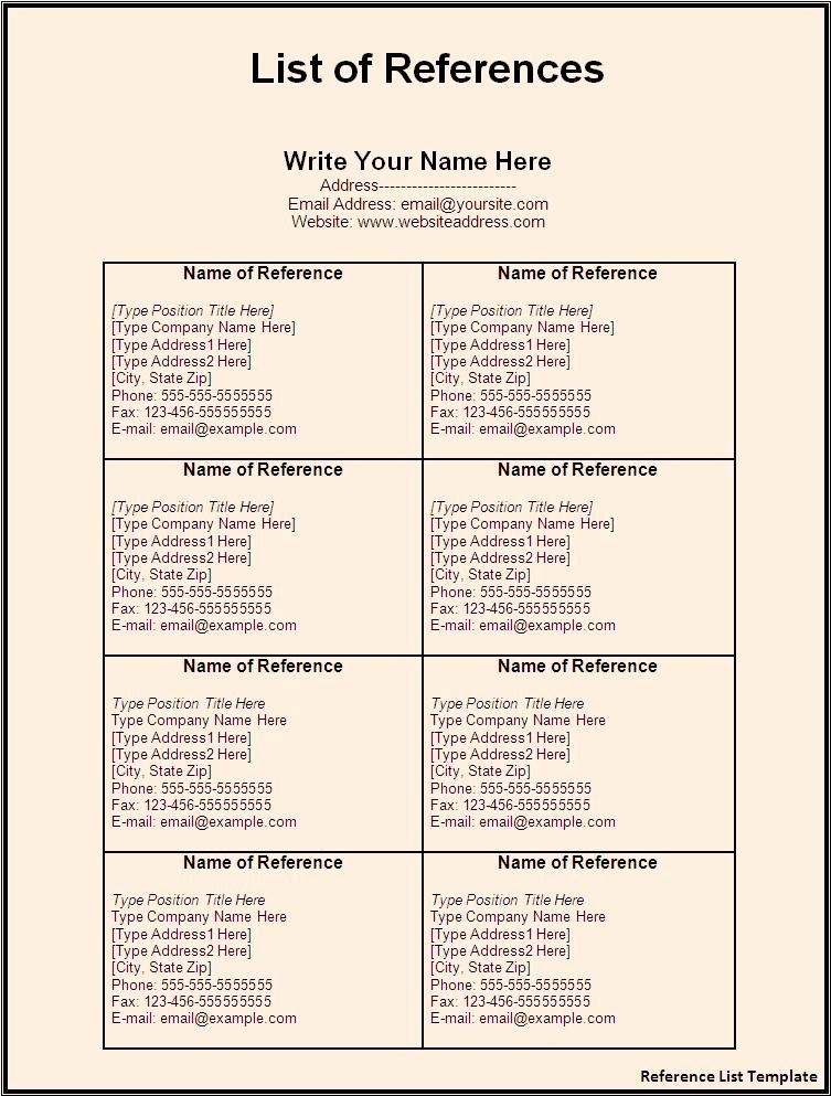 Professional List Of References Template Fresh Printable Reference List