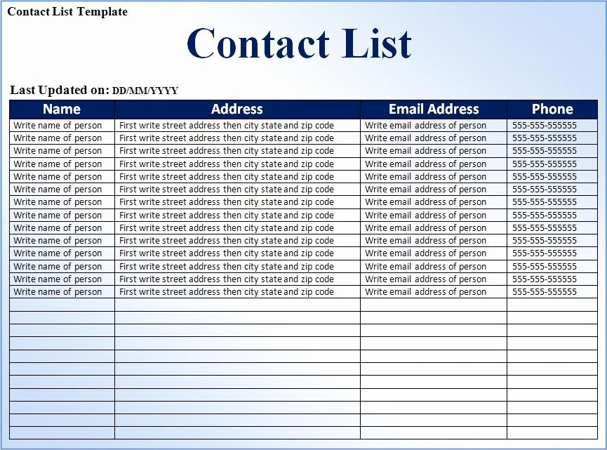 Project Contact List Template Excel New Contact List Template
