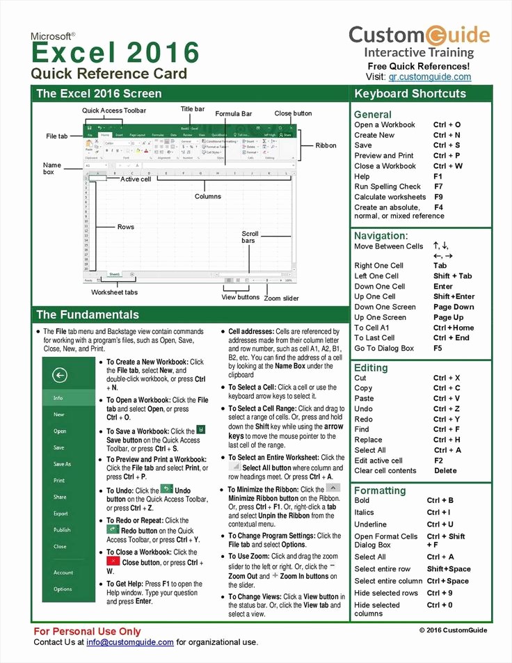Quick Reference Card Template Word Unique Microsoft Excel 2016 Quick Reference Guide