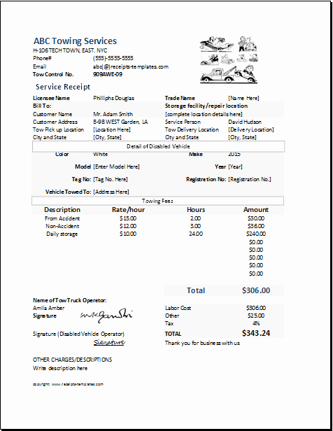Receipt for Services Template Free Beautiful Ms Excel towing Service Receipt Template