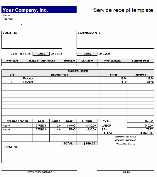Receipt for Services Template Free Luxury Service Receipt Template – Excel