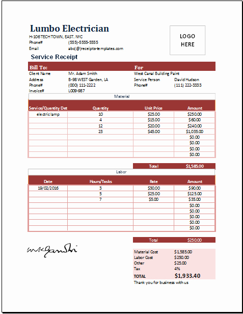 Receipt for Work Done Template Elegant Electrician Services Receipt Template Ms Excel