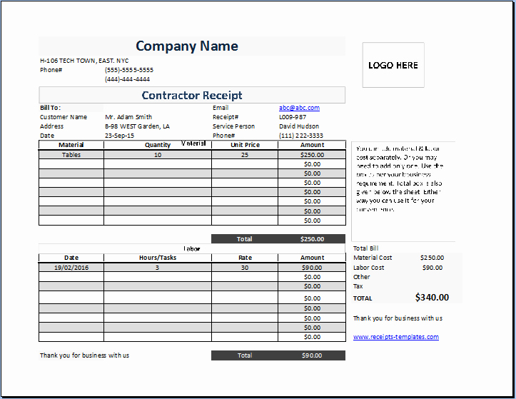Receipt for Work Done Template Unique Ms Excel Contractor Receipt Template Free