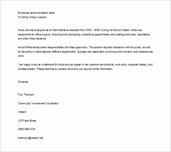 Recommendation Letter for Job Reference Unique Job Re Mendation Letter Templates 15 Sample Examples