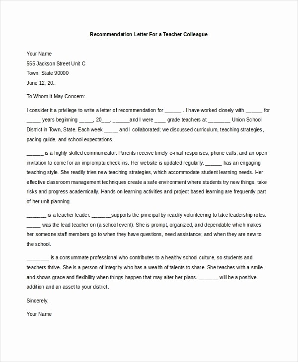 Recommendation Letter Template for Teacher Elegant Teacher Re Mendation Letter
