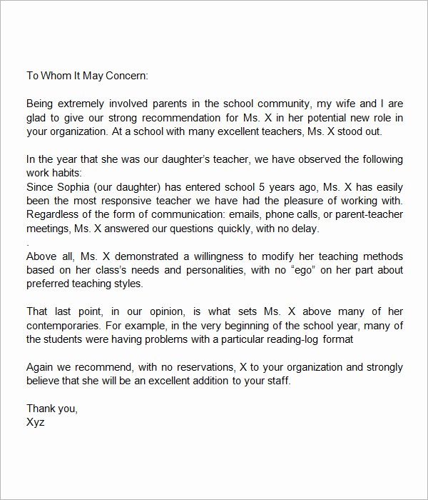 Reference Letter Examples for Teachers Elegant Sample Letters Of Re Mendation for Teacher 12