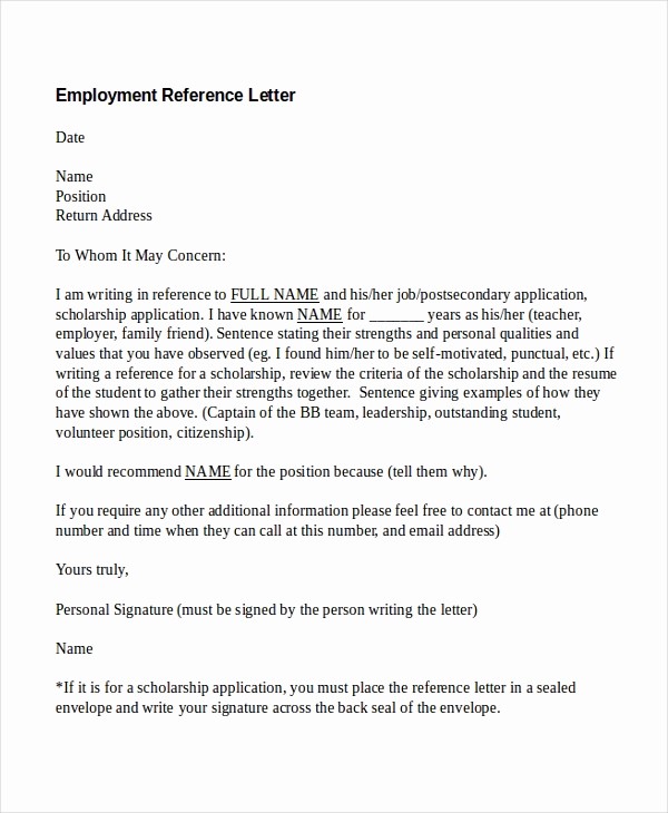 Reference Letter for Employment Template New 13 Employment Reference Letter Templates Free Sample