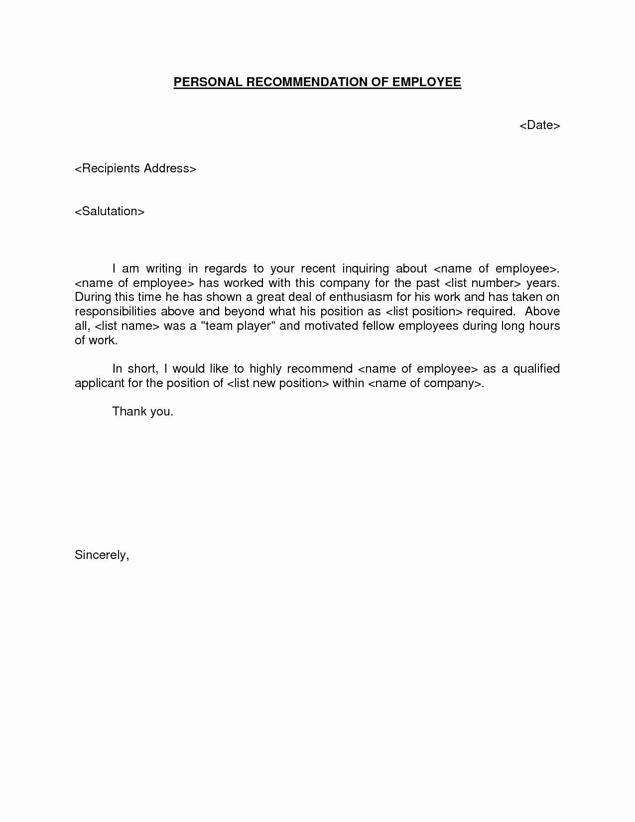 Reference Letter for Employment Template Unique Personal Re Mendation Of Employee Request Letter Sample