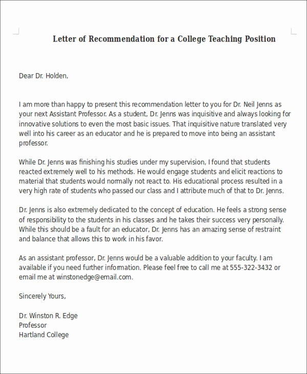 Reference Letter for Teaching Job New 6 Sample Letter Of Re Mendation for Teaching Position