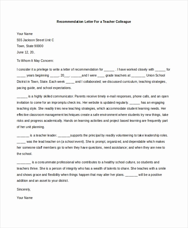 Reference Letter Sample for Teacher Elegant Sample Teacher Re Mendation Letter 8 Free Documents