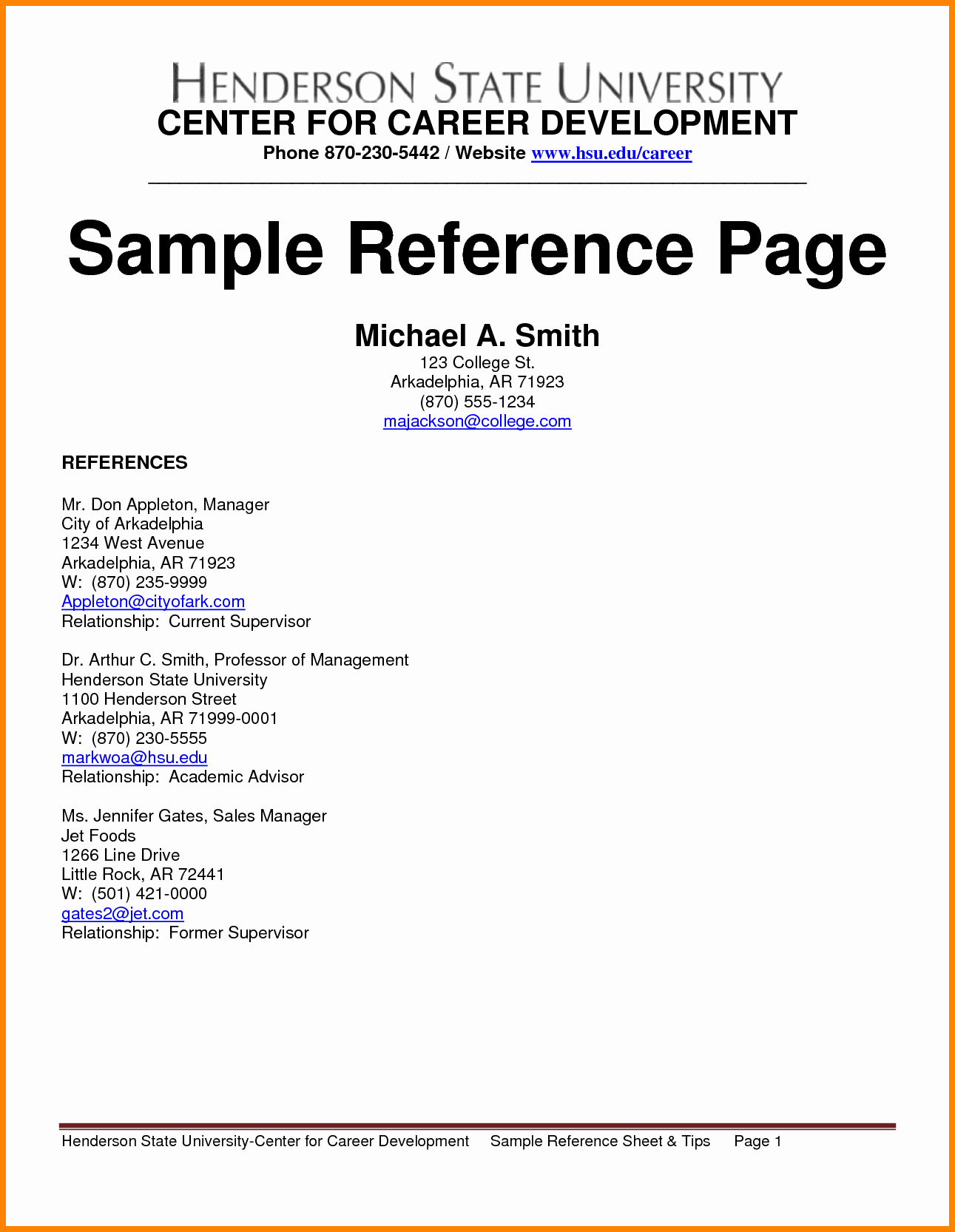 resume reference page sample