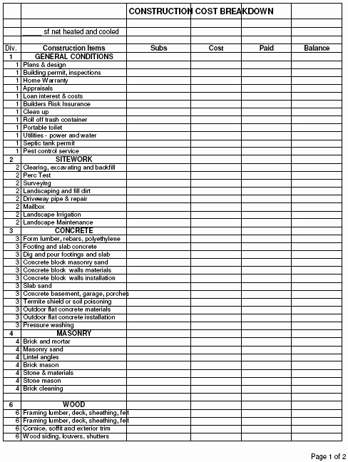 Residential Construction Cost Breakdown Excel Lovely Home Cost forms for Construction and Loan Draws