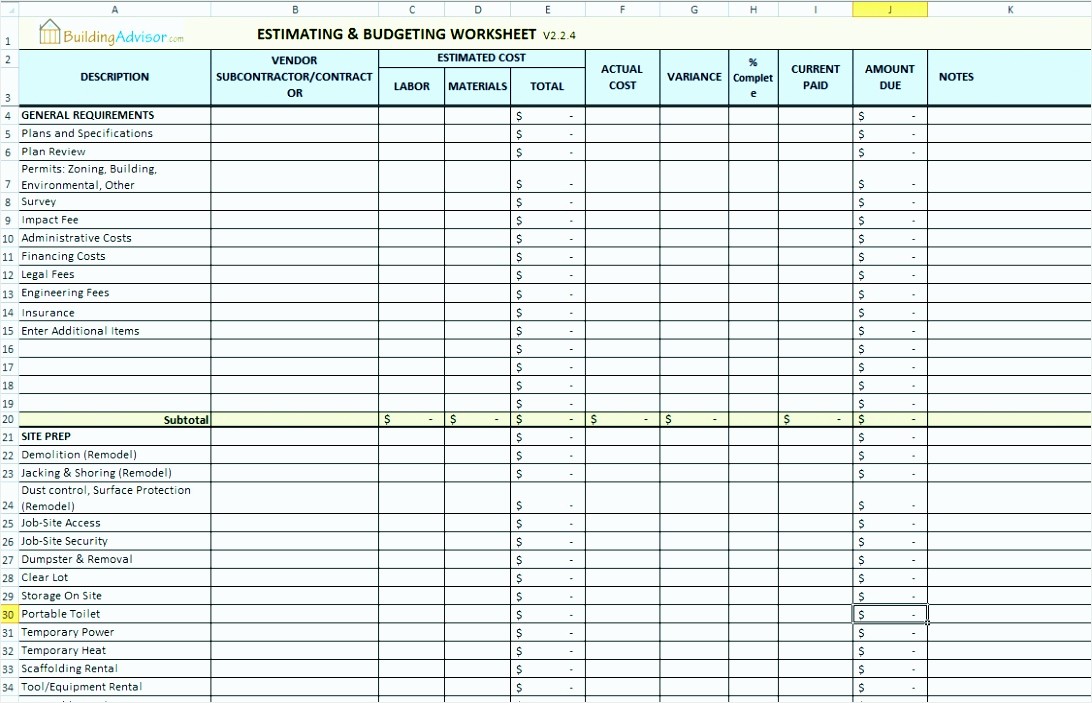 Residential Construction Cost Breakdown Excel Unique 6 Excel Cost Estimate Template Tipstemplatess