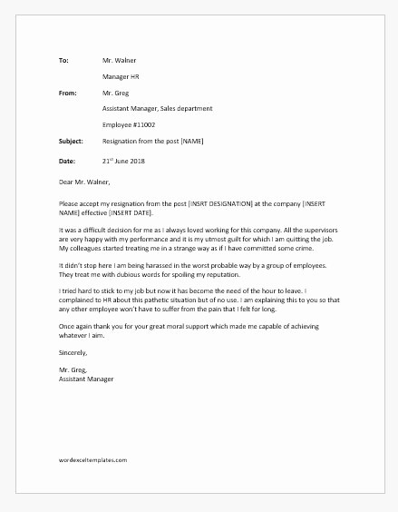 Resignation Letter Due to Harassment New Resignation Letter Due to Harassment