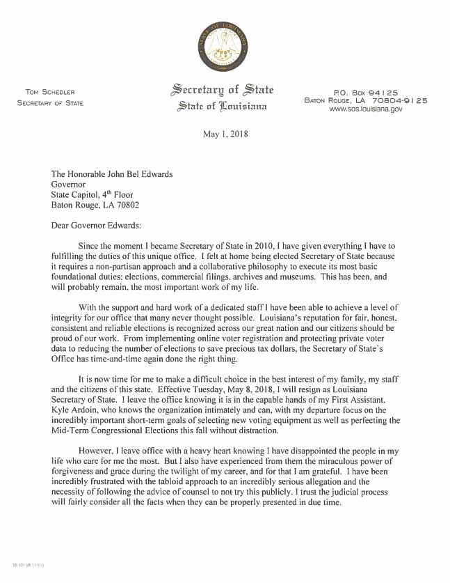 Resignation Letter Due to Harassment Unique Louisiana sos tom Schedler Resigns