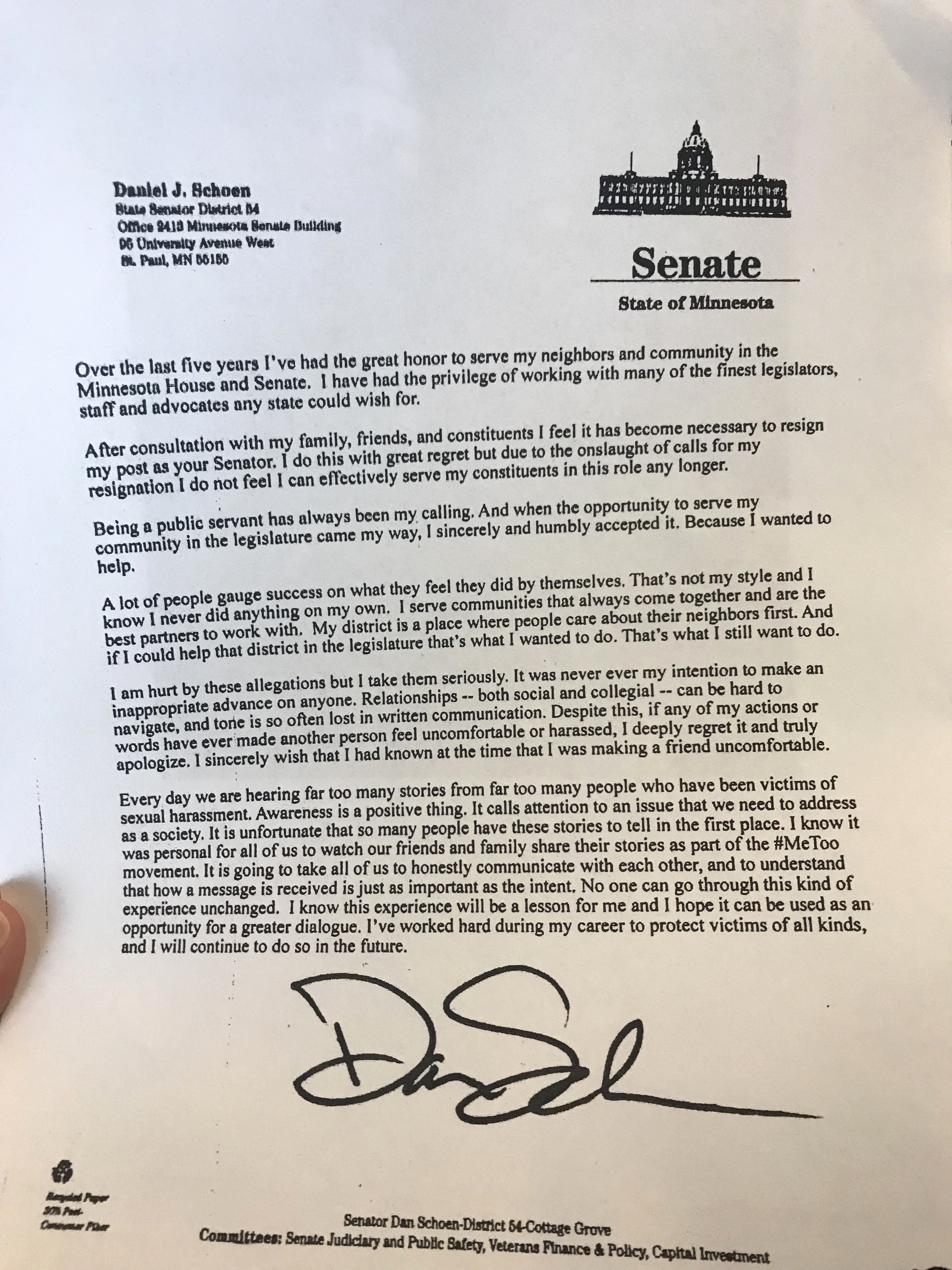 Resignation Letter Due to Harassment Unique State Sen Schoen Resigns Amid Ual Harassment