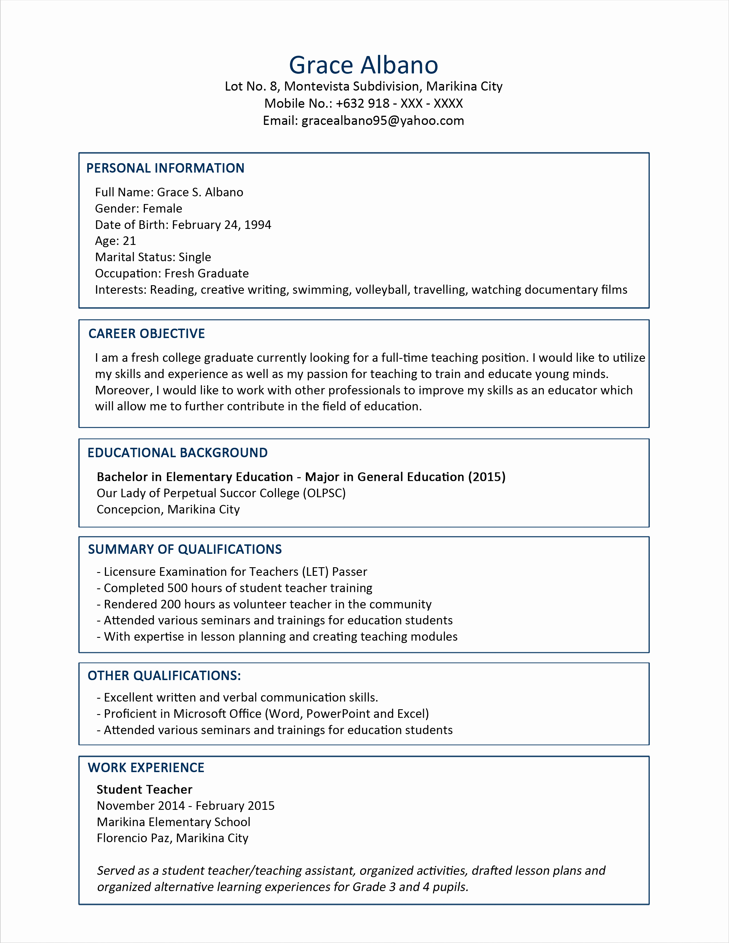 Resume Examples In Word format Elegant Sample Resume format for Fresh Graduates Two Page format