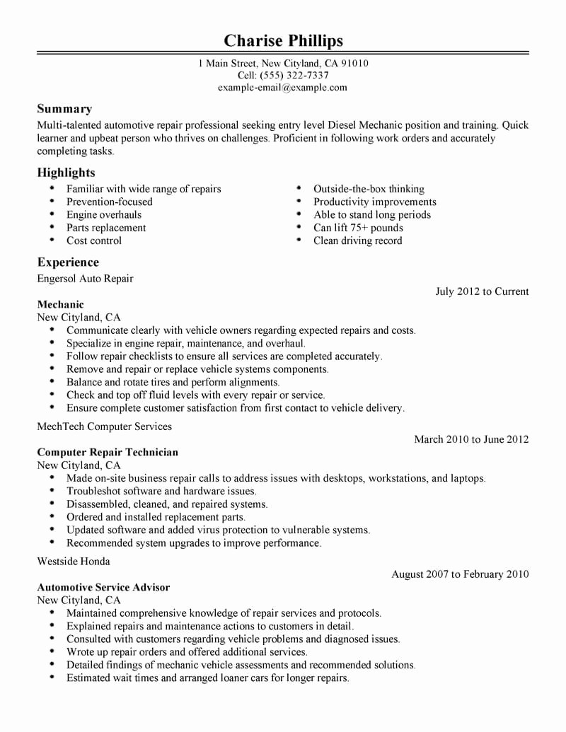 Resume for Entry Level Position Beautiful Best Entry Level Mechanic Resume Example
