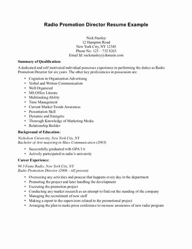 Resume for Internal Promotion Template Lovely events and Promotions Manager Resume Sample