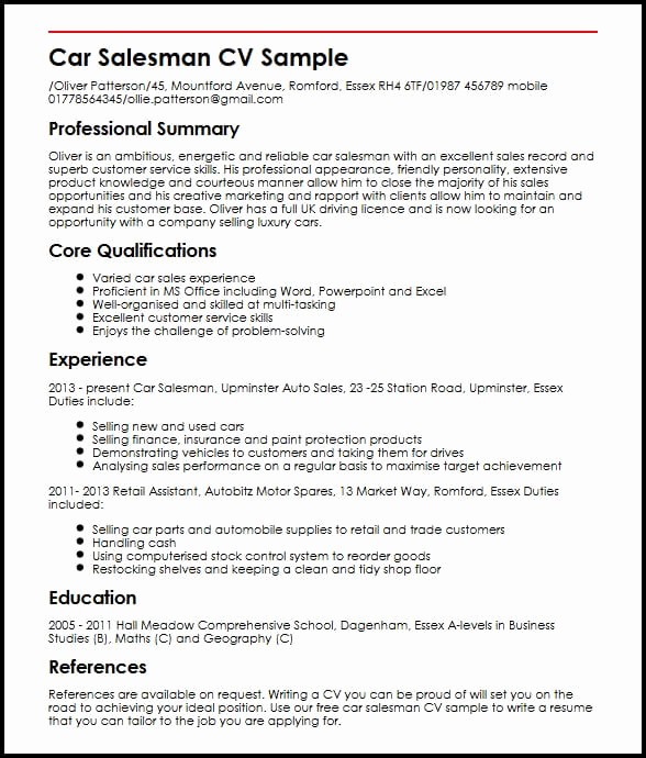 Resume Setup On Microsoft Word Best Of Car Salesman Cv Sample