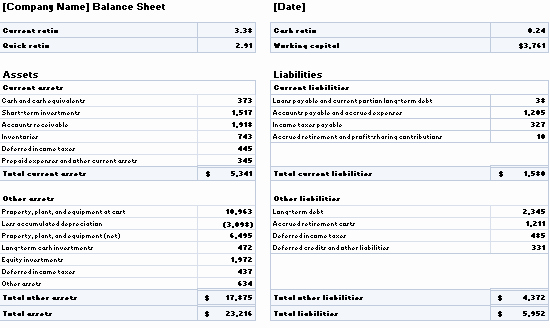 S Corp Balance Sheet Template Lovely Balance Sheet with Ratios and Working Capital