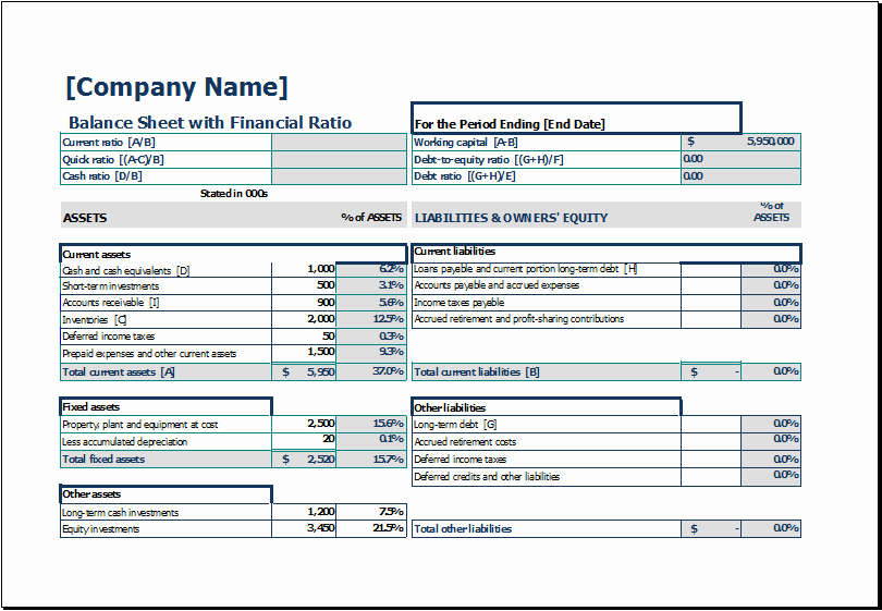 S Corp Balance Sheet Template Luxury Balance Sheet with Financial Ratio