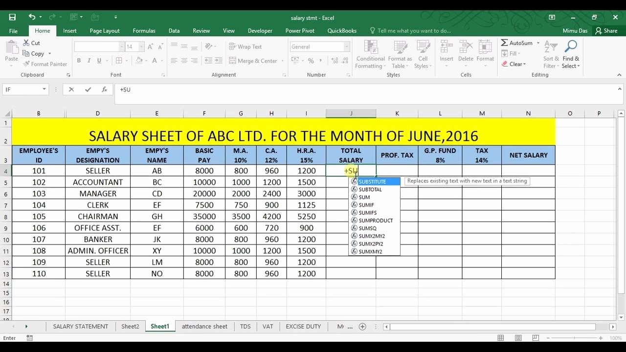 Salary formula In Excel Sheet Elegant Salary Statement In Excel