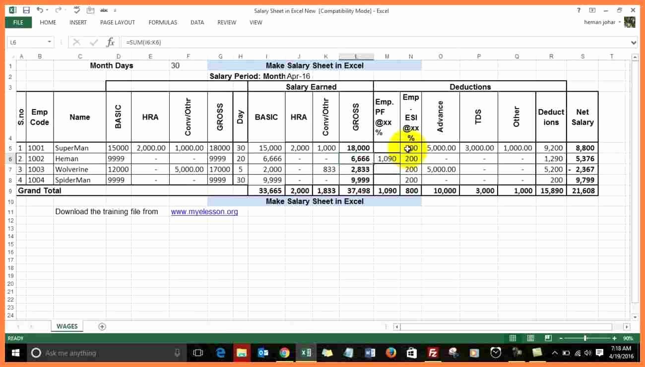 Salary formula In Excel Sheet Inspirational 6 Excel Salary Sheet Pdf