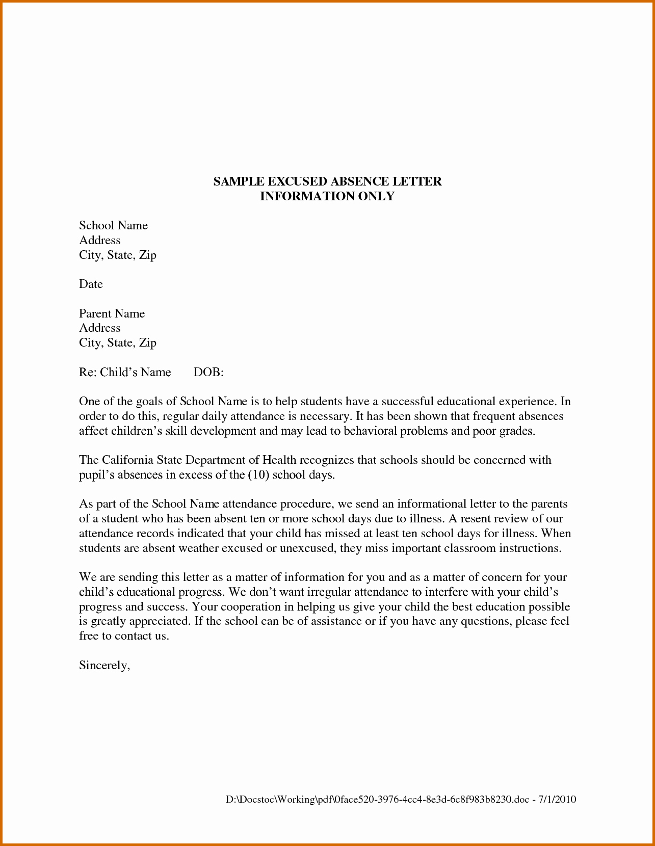 Sample Absent Letter to Teacher Elegant 9 School Excuse Letter for Vacation Sample