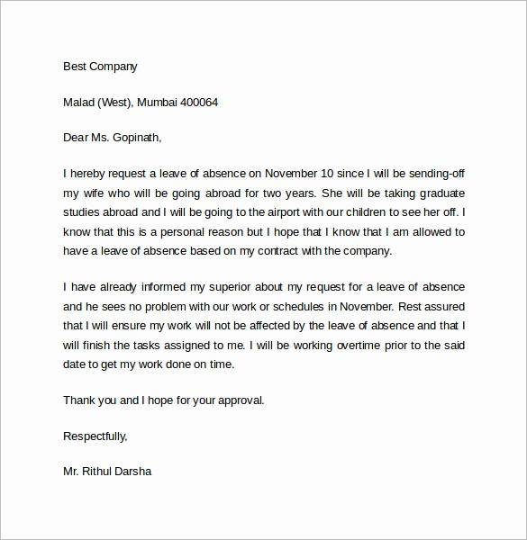 Sample Absent Letter to Teacher Lovely 8 Leave Of Absence Letters – Pdf Word