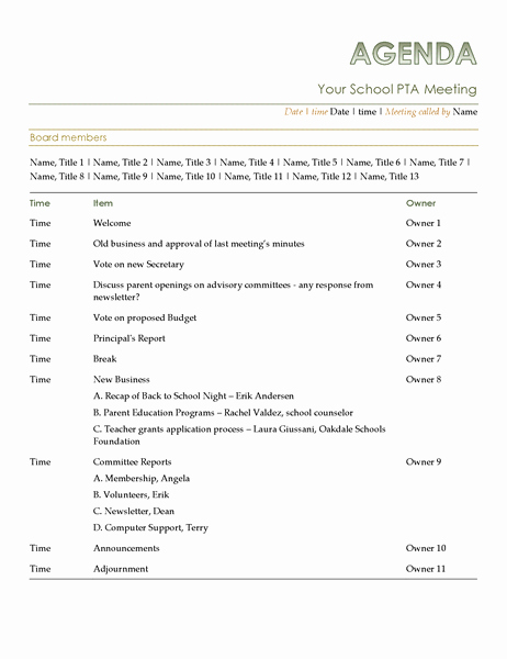 Sample Agendas for Business Meetings Best Of Pta Agenda