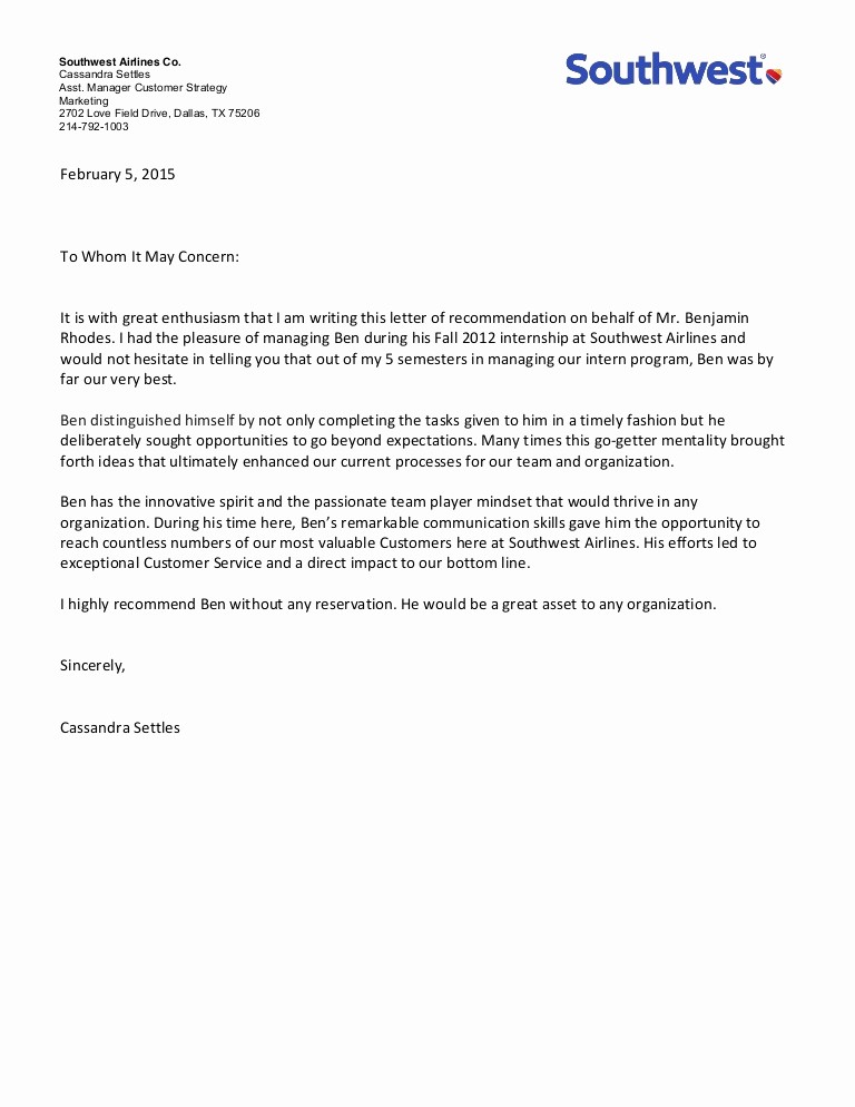Sample Complaint Letters to Airlines Best Of Letter Of Re Mendation southwest