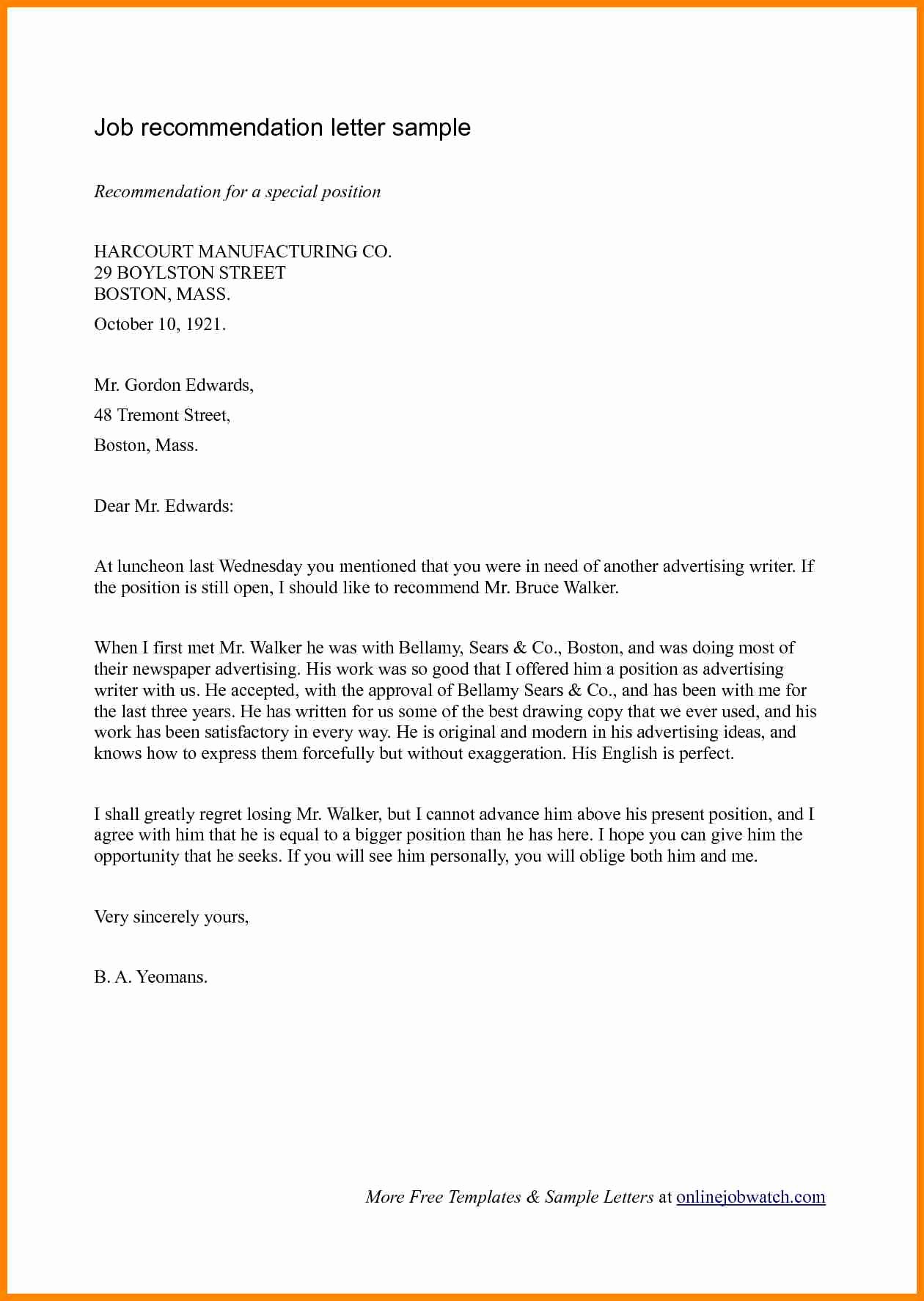 Sample Employment Letters Of Recommendation Inspirational Letter Letter Re Mendation for Employment