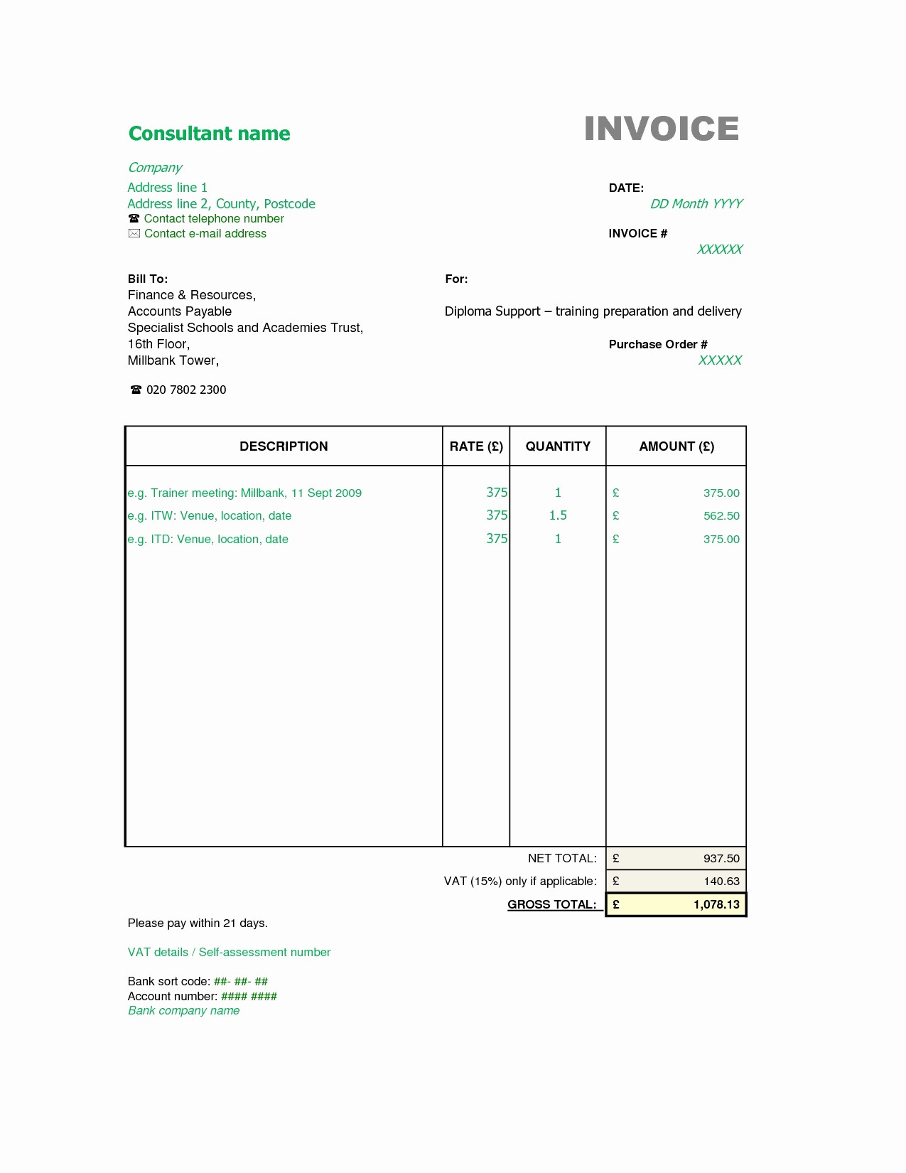 Sample Invoice format In Excel Lovely Consultant Invoice format Invoice Template Ideas