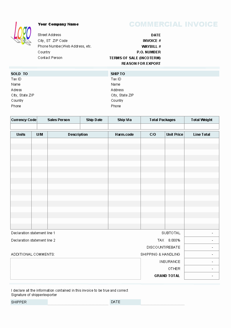 Sample Invoice format In Excel New Mercial Invoice Template Excel Free Download