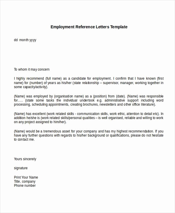 Sample Letter Of Recommendation Employee Lovely 10 Employment Reference Letter Templates Free Sample