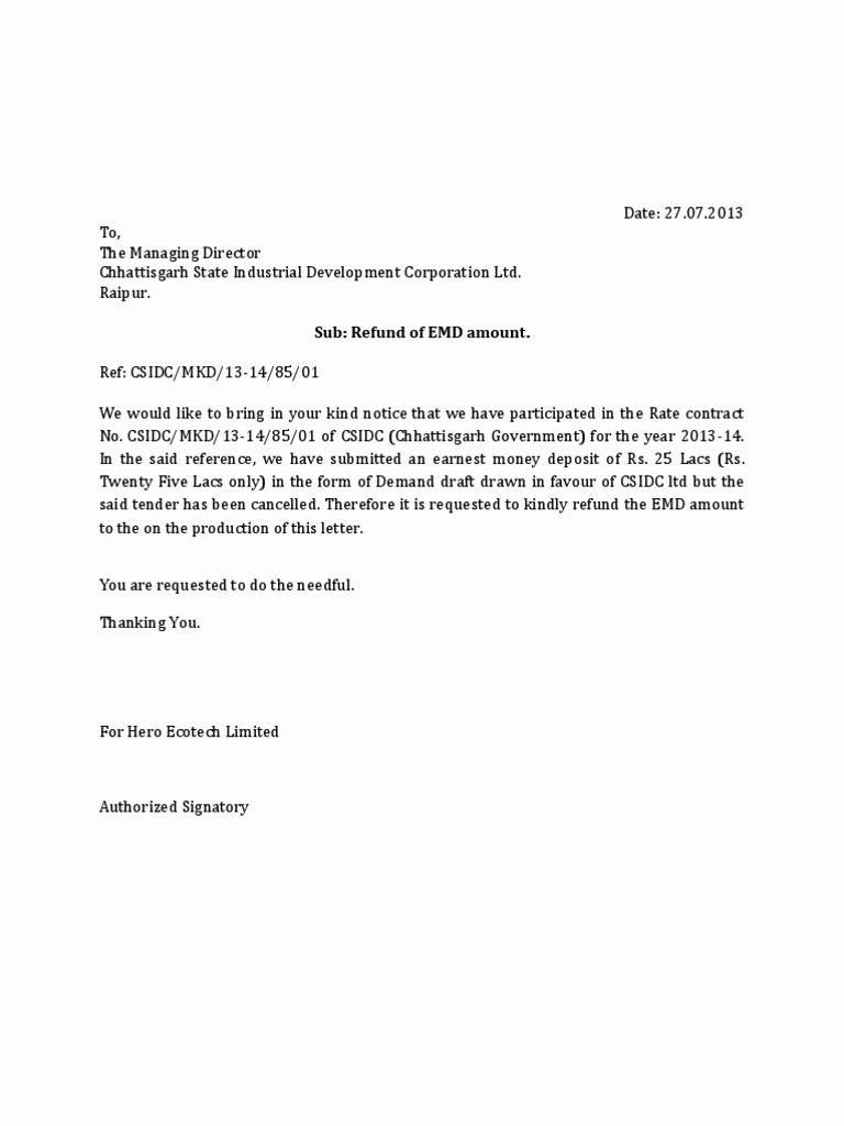 Sample Letter Of Reimbursement Money Lovely Letter for Refund Of Emd