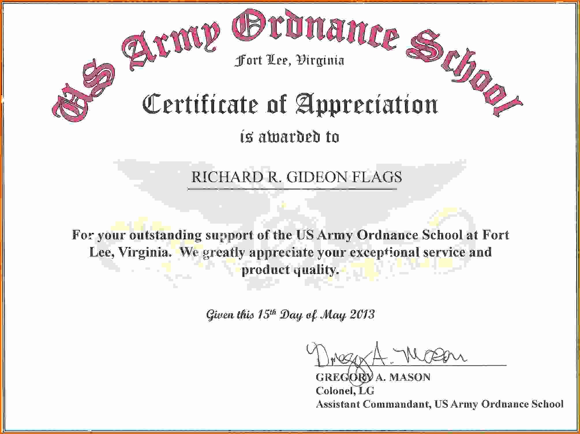 Sample Of Certificates Of Appreciation Unique Army Certificate Of Appreciationreference Letters Words