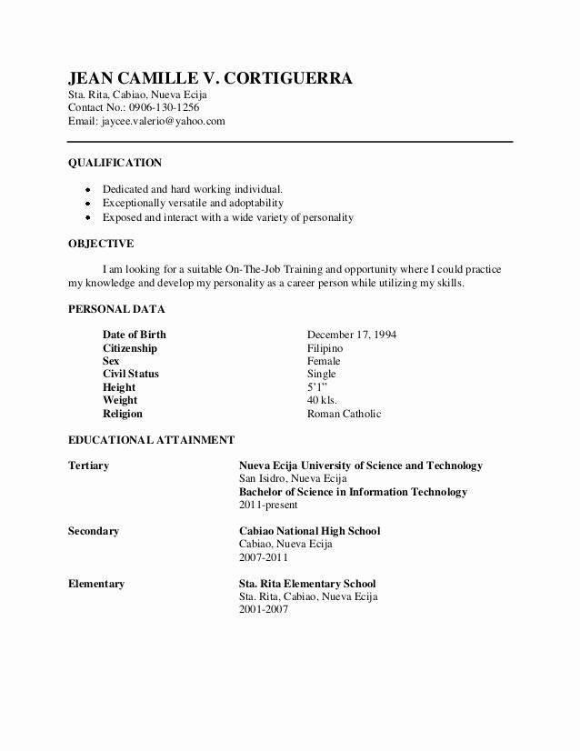 Sample Of References for Resume Luxury Resume for Ojt