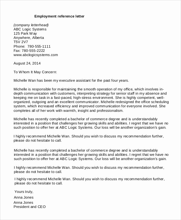 Sample Recommendation Letter for Employment Fresh 7 Reference Letter Examples