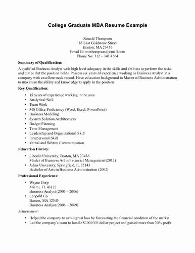 Sample Resume for College Graduate Best Of College Graduate Mba Resume Example