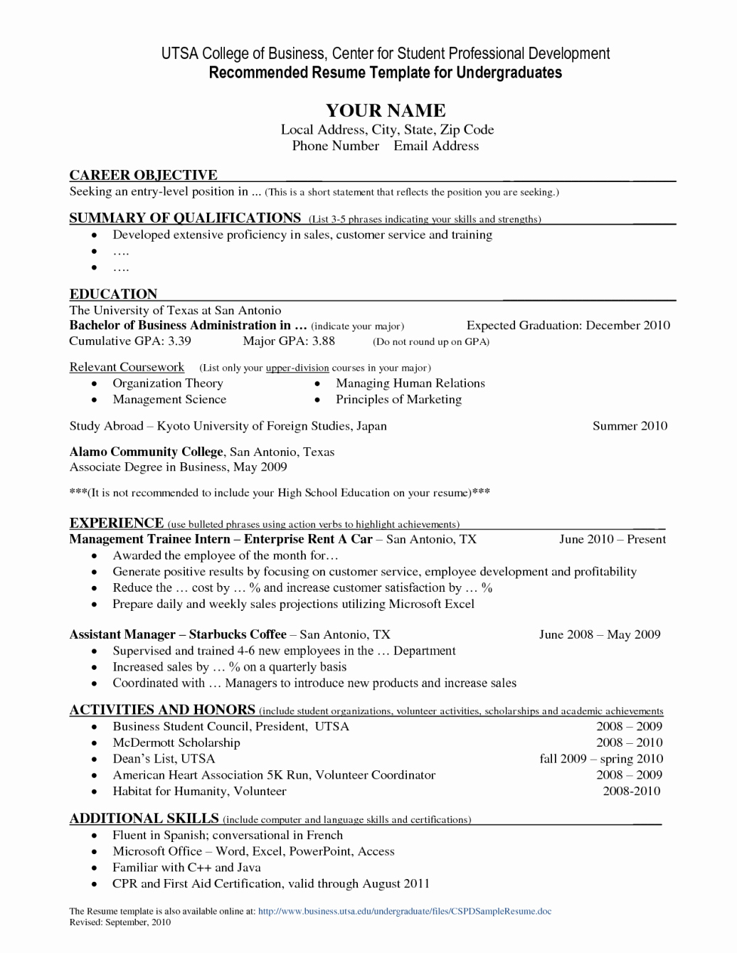 Sample Resume for College Graduate New Business Student Resume