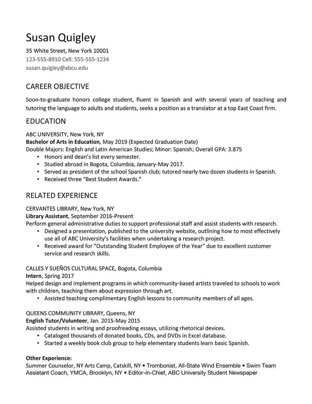 Sample Resume for College Graduate New Job Resume for Fresh Graduate College