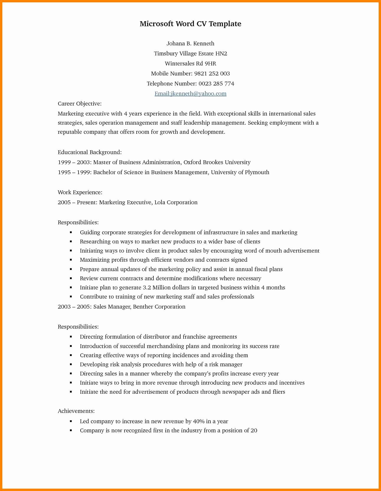 Sample Resume In Word format Unique 17 Cv format In Word Doc