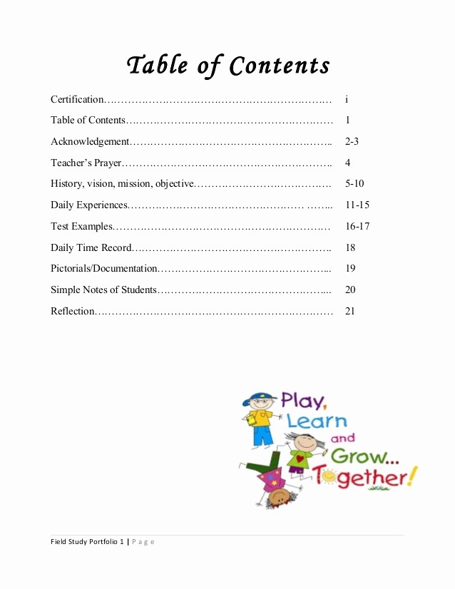 Sample Table Of Contents format Lovely Field Study Portfolio