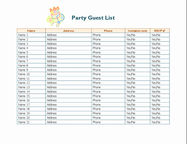 Sample Wedding Guest List Spreadsheet New Party Guest List